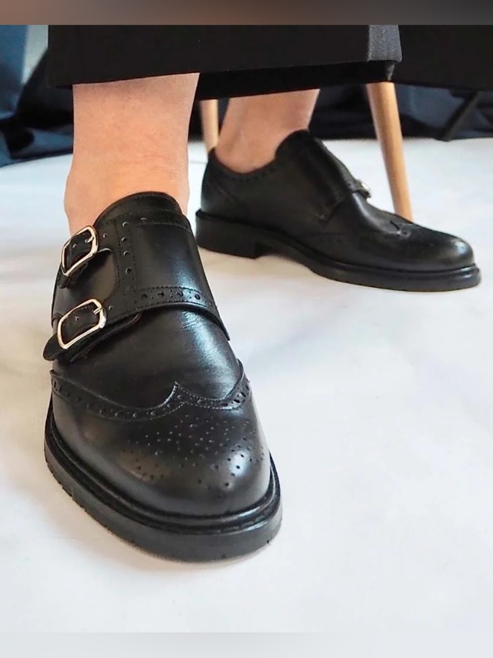 Massimo Dutti WOMEN BLACK LEATHER DOUBLE MONK STRAP SHOES size 6 eu 36